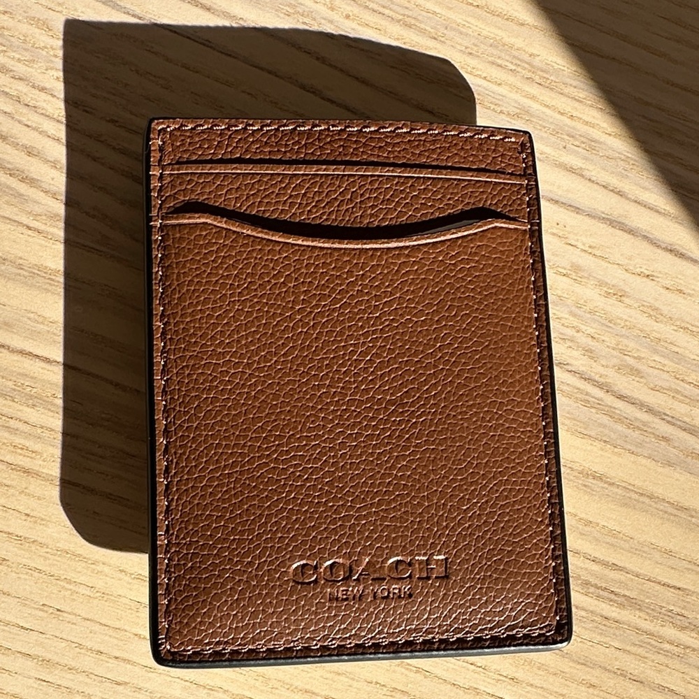 NWT Coach Leather Card Holder with Clip - Dark Saddle